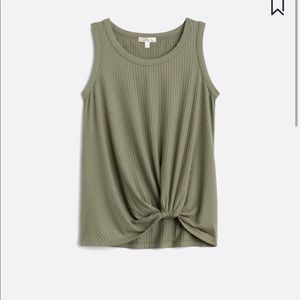 Levie Sleeveless knot front knit top in olive, NWT